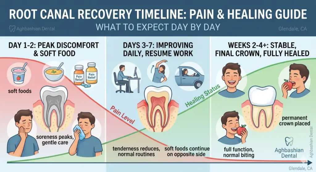 Infographic illustrating the day-by-day root canal recovery timeline by Aghbashian Dental.