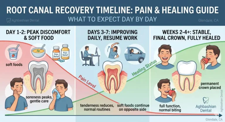 Infographic illustrating the day-by-day root canal recovery timeline by Aghbashian Dental.