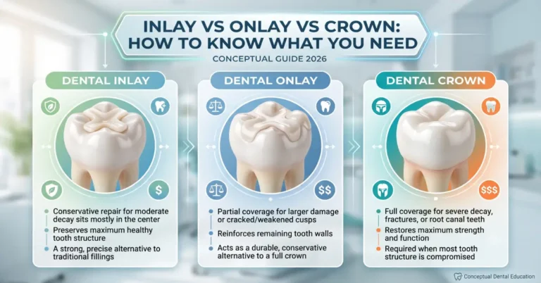 Illustration titled 'INLAY VS ONLAY VS CROWN: HOW TO KNOW WHAT YOU NEED' comparing illustrated tooth models for three dental restorations: Inlay (for central repair), Onlay (partial coverage), and Crown (full coverage), with text details on their uses and cost indicators.