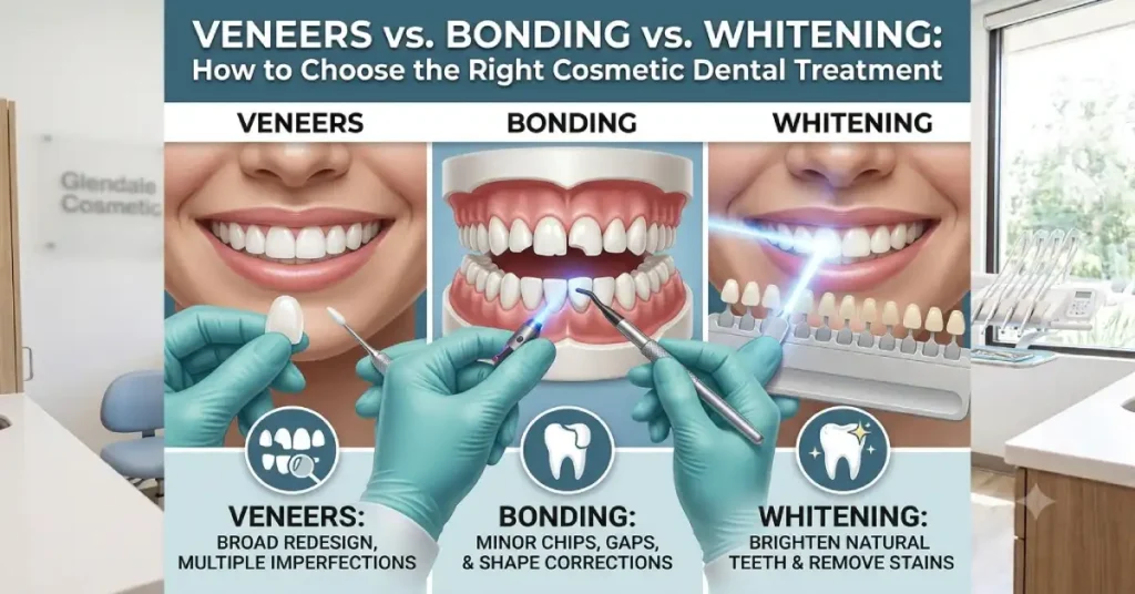 Side-by-side comparison of veneers, dental bonding, and teeth whitening treatments by Aghbashian Dental Corp.
